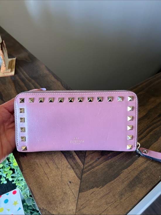Valentino Garavani Handbags - 464. Valentino Garavani Pink Zip-Around Rockstud Wallet with Gold Studs